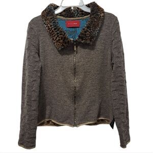 Vintage Eva & Claudi Y2K Floral Wool Blend Faux Fur Leopard Collar Cardigan Larg